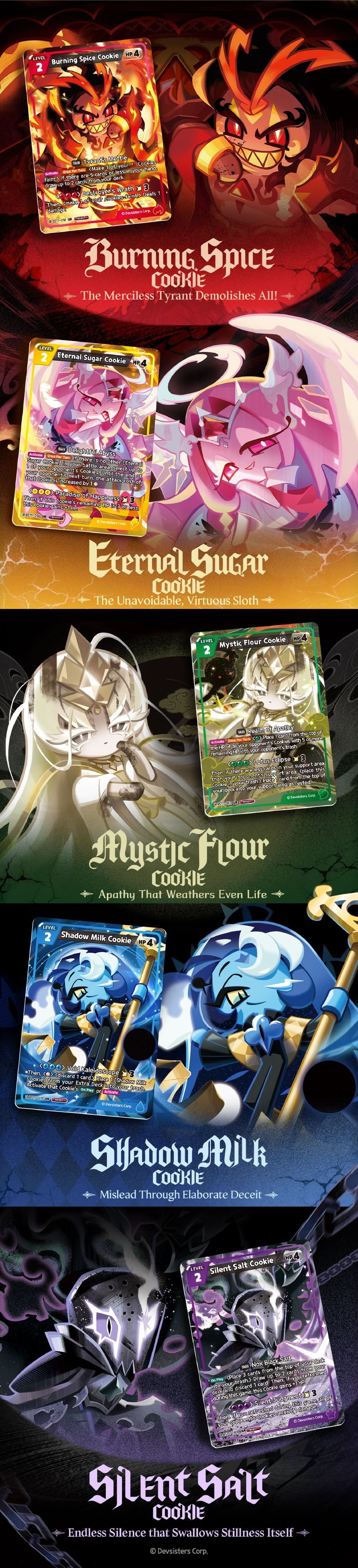 Burning Spice Cookie, Eternal Sugar Cookie, Mystic Flour Cookie, Shadow Milk Cookie, Silent Salt Cookie